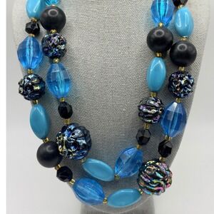 Vintage West Germany Double Strand Bead Necklace Blue Black AB Iridescent Hook